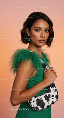 Stylish Woman in Green Dress with Cow Print Handbag and Feather Details
