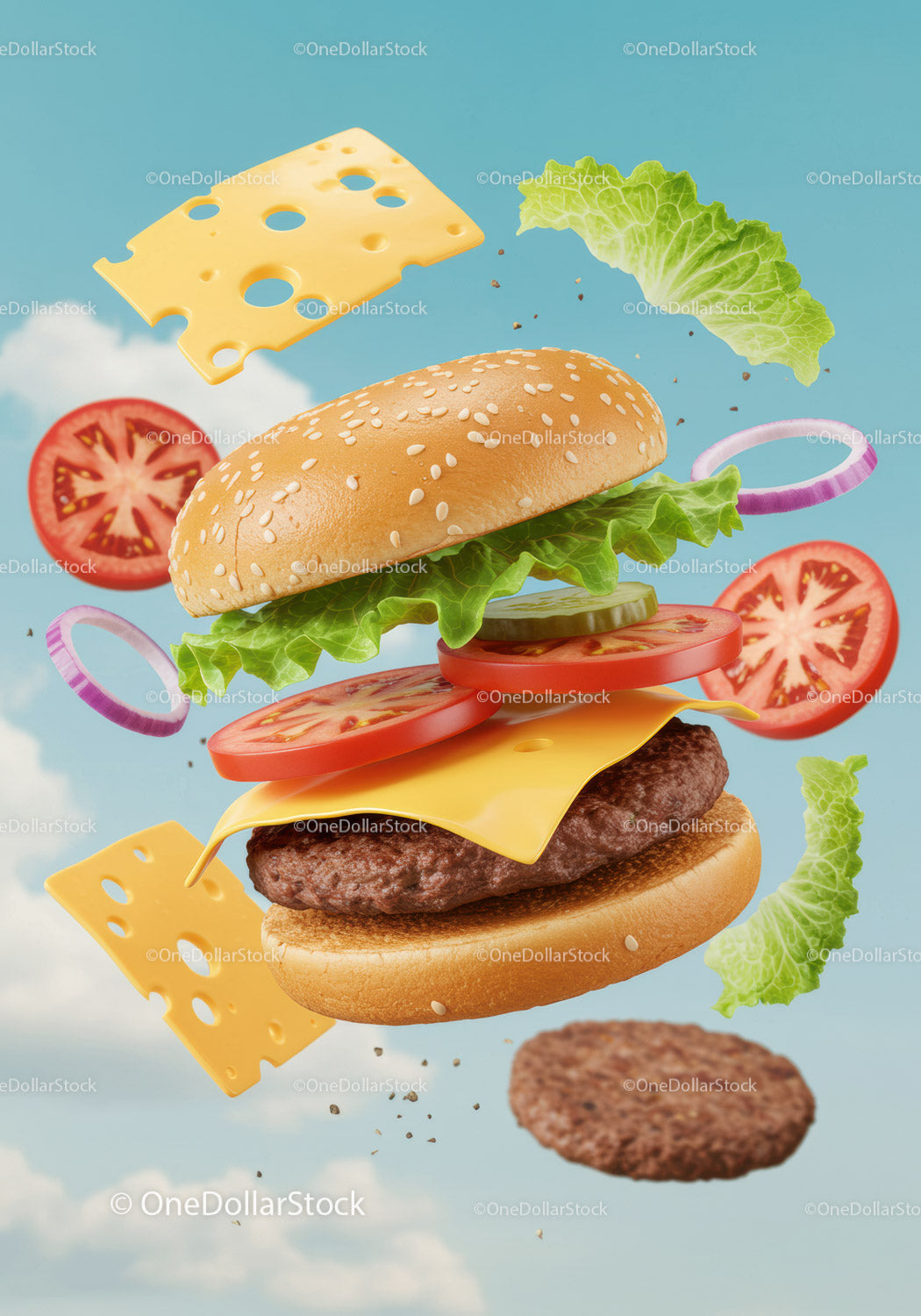 Deconstructed cheeseburger with fresh ingredients floating