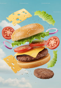 Deconstructed cheeseburger with fresh ingredients floating