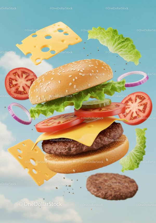 Deconstructed cheeseburger with fresh ingredients floating