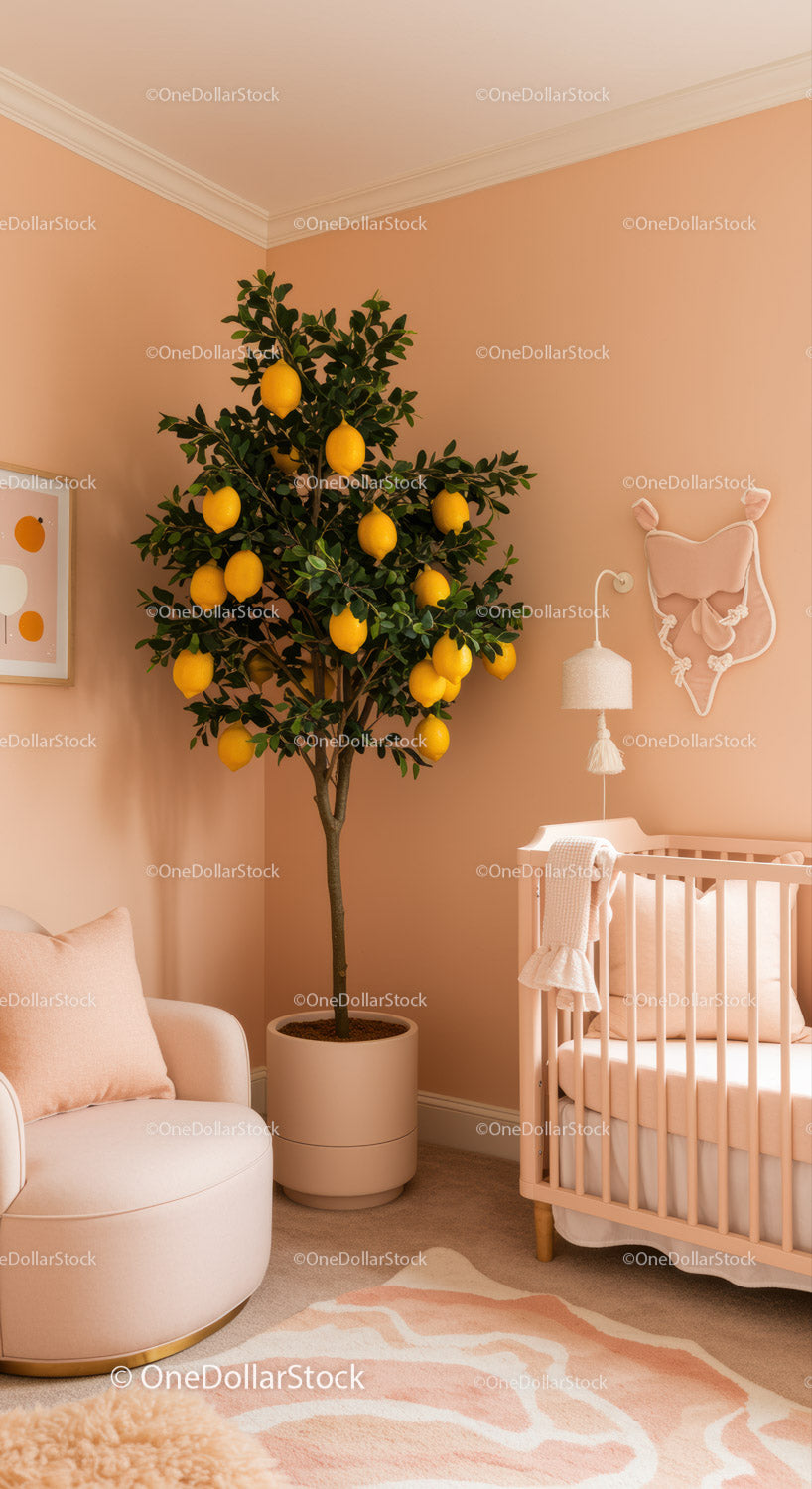 Modern Baby Nursery with Lemon Tree and Pastel Decor