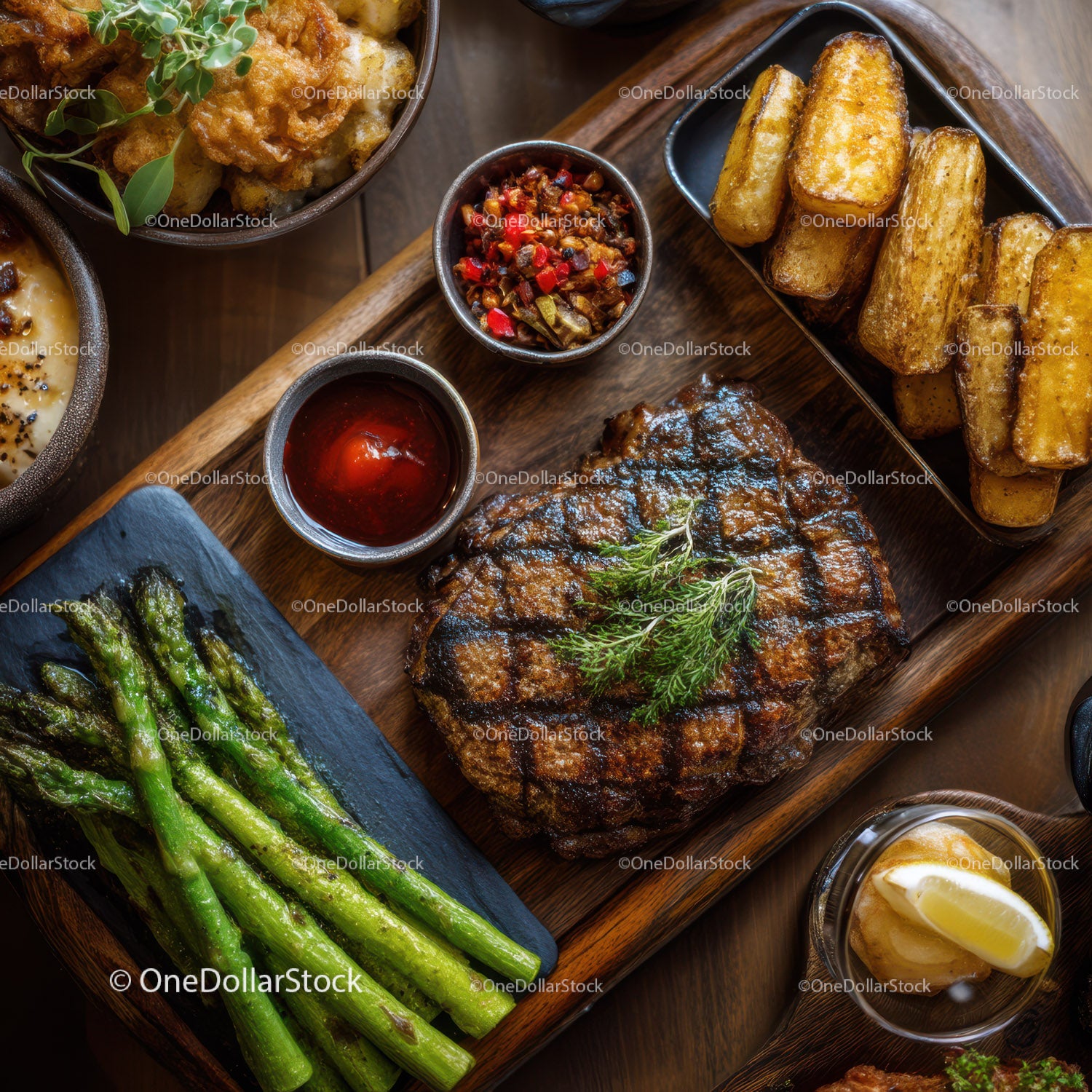 Gourmet Grilled Steak with Potato Wedges Asparagus and Sauces