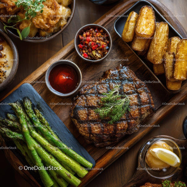 Gourmet Grilled Steak with Potato Wedges Asparagus and Sauces
