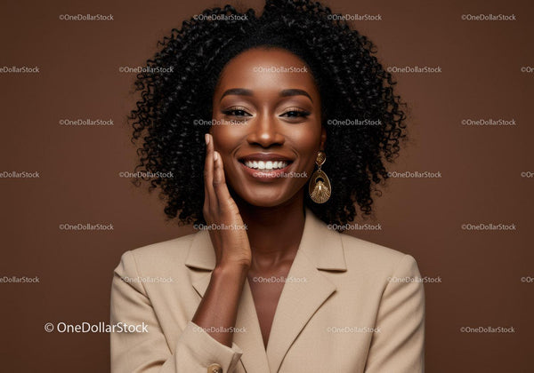 Elegant African American Woman with Curly Hair in Beige Blazer