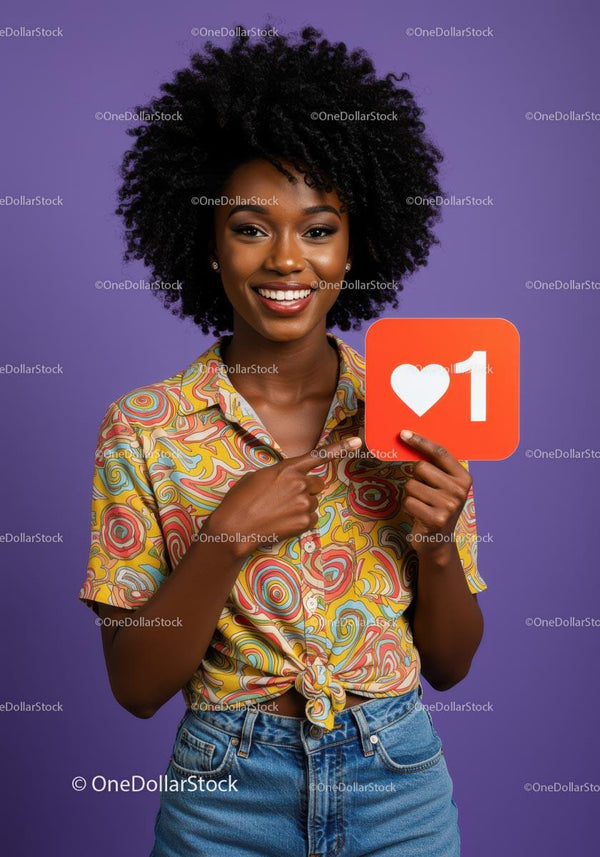 Joyful Young Woman Holding Social Media Like Icon with Vibrant Style