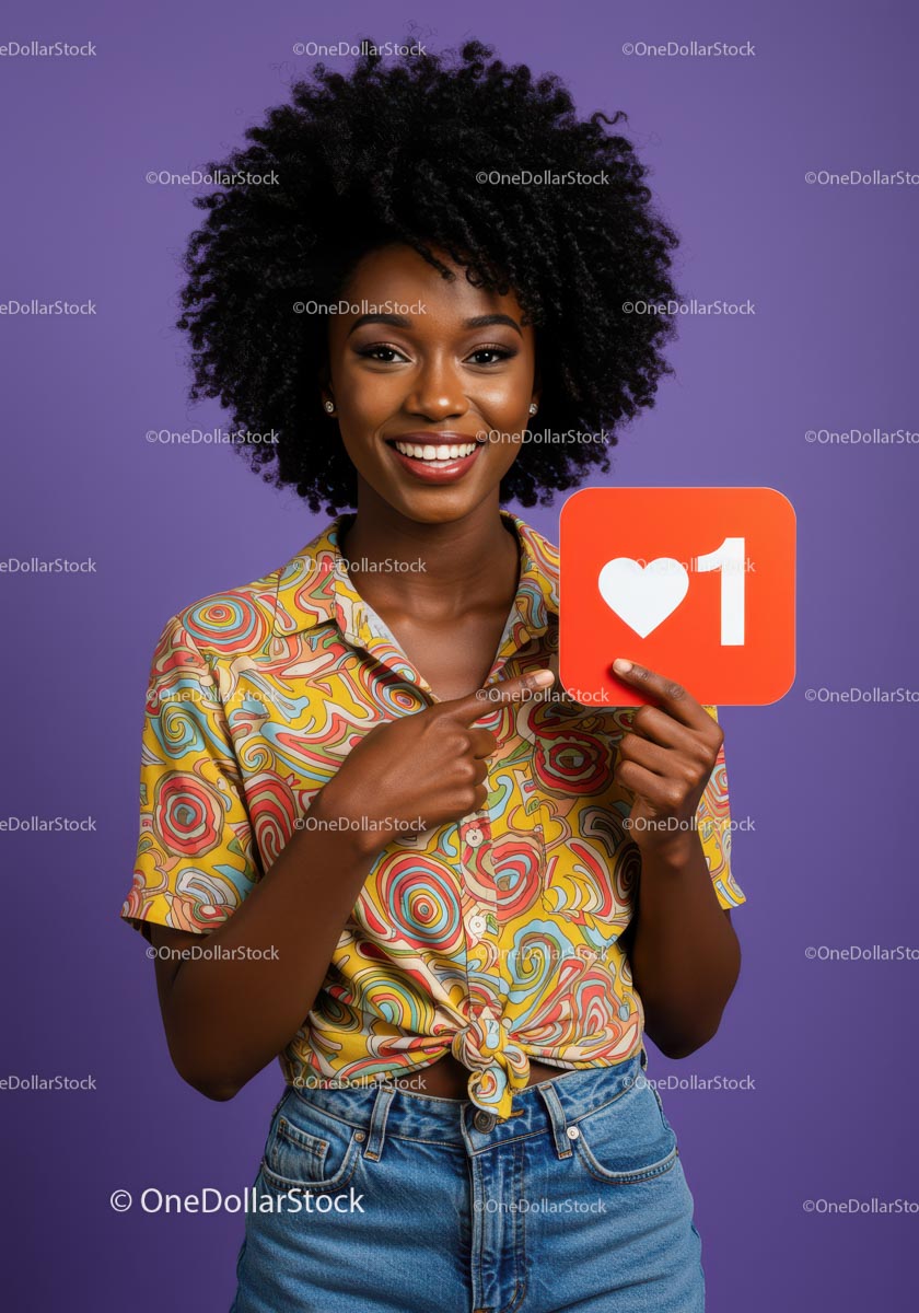 Joyful Young Woman Holding Social Media Like Icon with Vibrant Style
