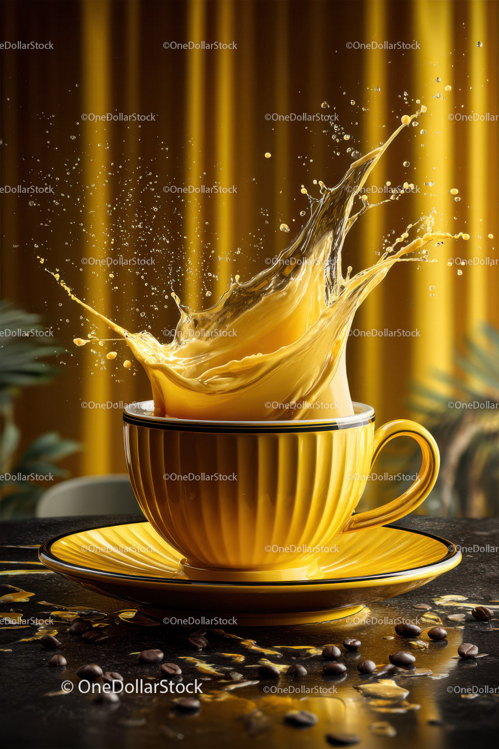 Elegant Coffee Splash in Bright Yellow Cup with Coffee Beans