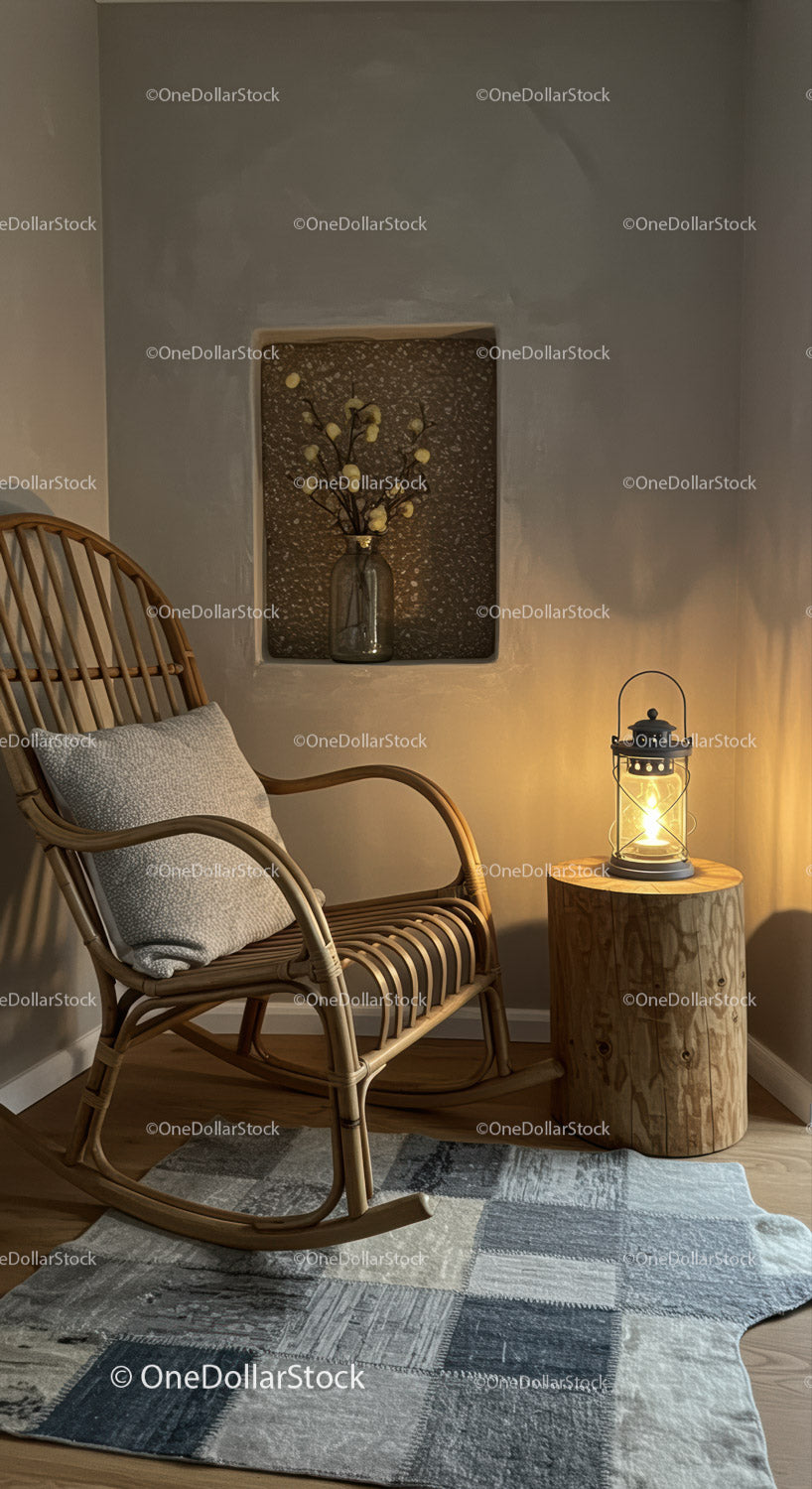 Cozy corner with rattan rocking chair and rustic lamp