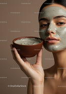 Woman with Green Clay Facial Mask Holding Clay Bowl for Skincare Treatment