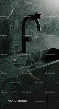 Elegant Black Kitchen Faucet with Green Marble Countertop and Sink