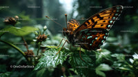 Colorful Butterfly with Blue Spots Resting on Green Leaf in Forest