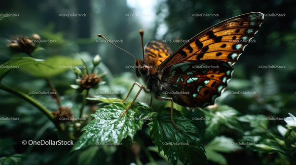 Colorful Butterfly with Blue Spots Resting on Green Leaf in Forest
