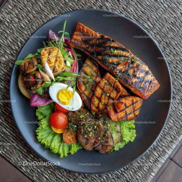 Gourmet Grilled Salmon with Fresh Salad and Vegetables