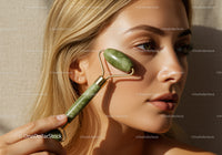 Beautiful Woman Using Jade Facial Roller for Skincare Massage