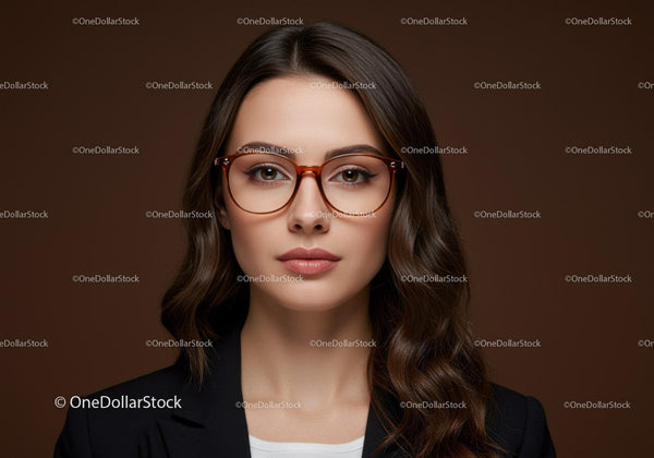 Elegancka kobieta z brązowymi włosami i stylowymi okularami na portrecie studyjnym