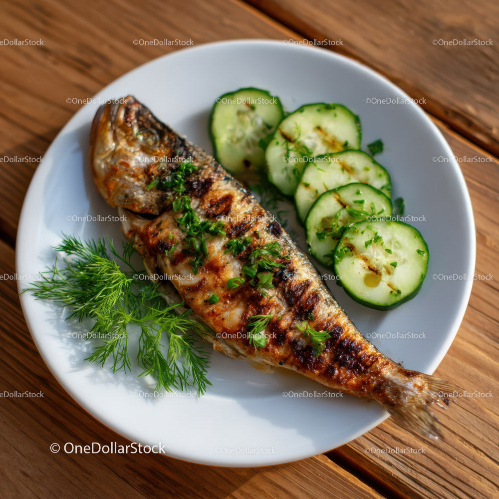 Grilled Whole Fish with Cucumber Slices and Fresh Herbs