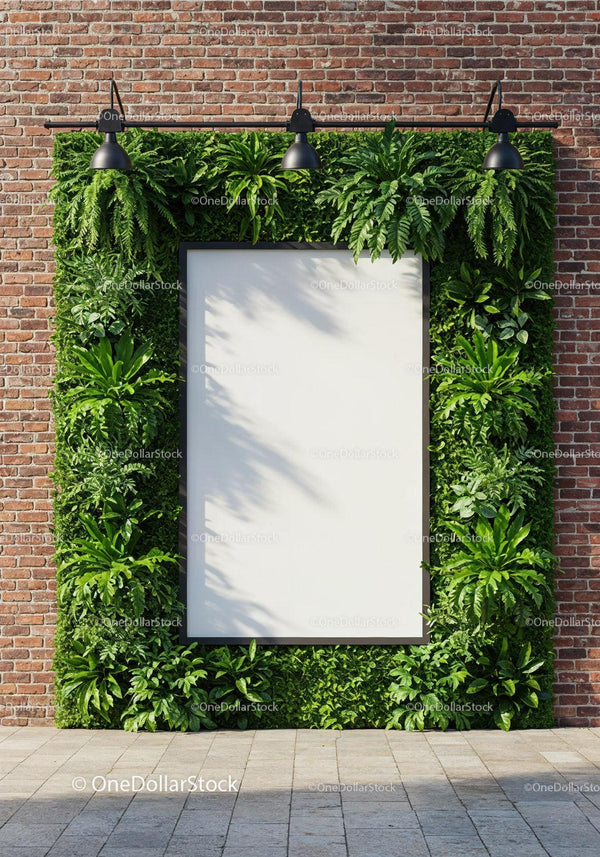 Green foliage frame with blank canvas on brick wall JPG Mockup Image