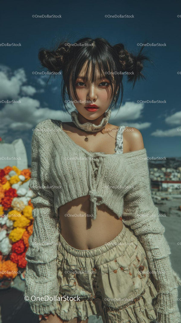 Young Woman in Casual Summer Outfit on Rooftop with Cloudy Sky