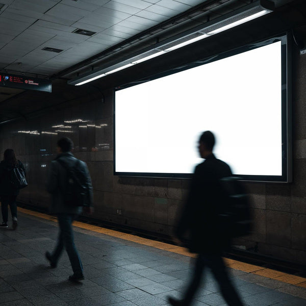 Commuters walking past glowing blank advertisement in subway JPG Mockup Image
