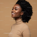 Elegant African American Woman with Curly Hair in Beige Turtleneck