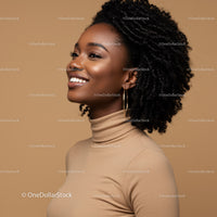 Elegant African American Woman with Curly Hair in Beige Turtleneck