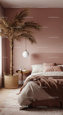 Stylish Modern Bedroom with Beige and Pink Accents and Tall Interior Plant