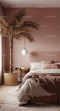 Stylish Modern Bedroom with Beige and Pink Accents and Tall Interior Plant