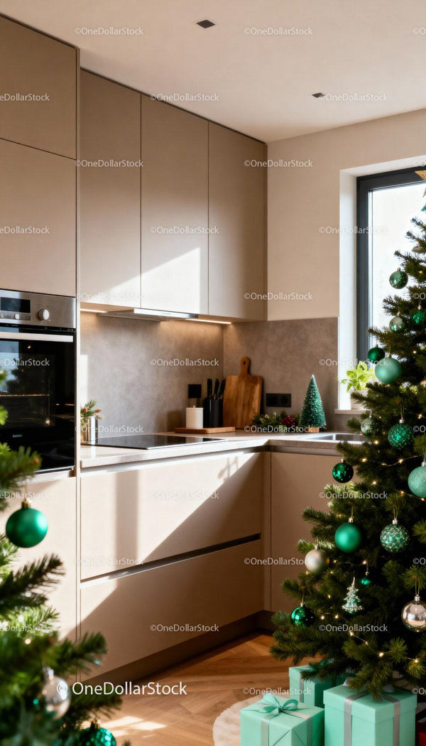 Modern kitchen corner with festive Christmas decorations