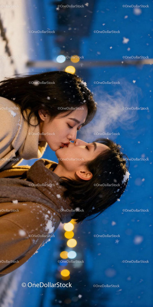 Couple Sharing a Tender Kiss on Snowy Winter Evening
