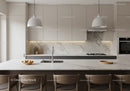 Contemporary Kitchen with Marble Backsplash and Wooden Dining Chairs