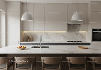 Contemporary Kitchen with Marble Backsplash and Wooden Dining Chairs