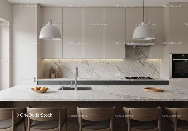 Contemporary Kitchen with Marble Backsplash and Wooden Dining Chairs