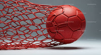 Red Soccer Ball in Goal Net with Dynamic Sports Atmosphere