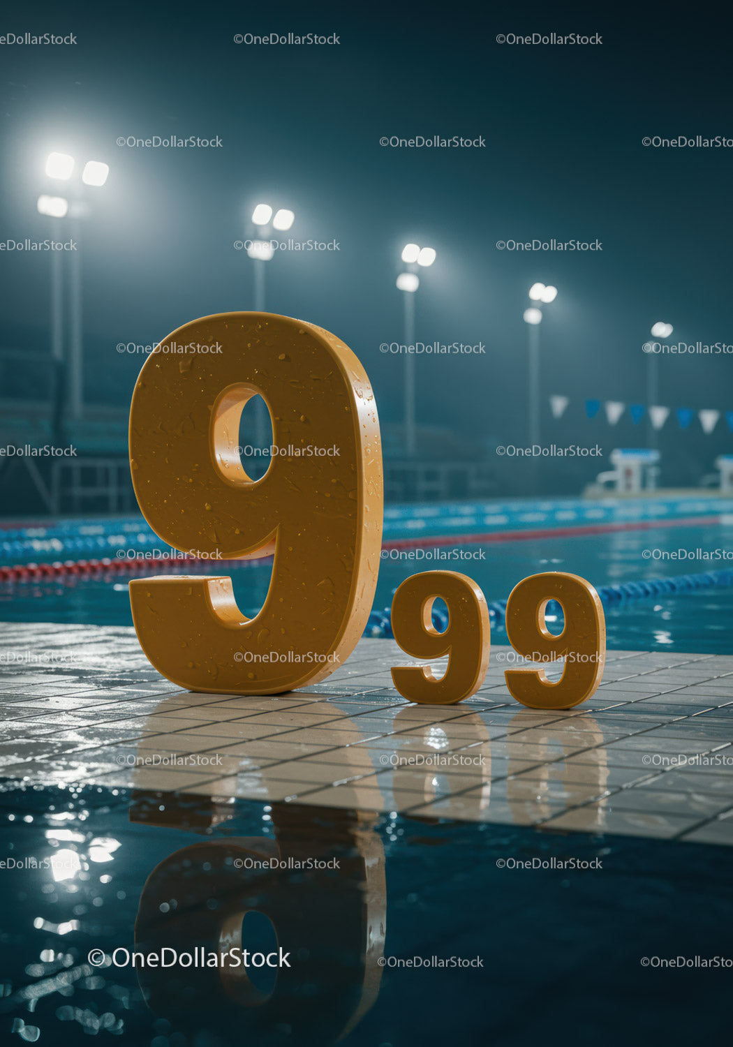 Large orange numbers by illuminated swimming pool at night