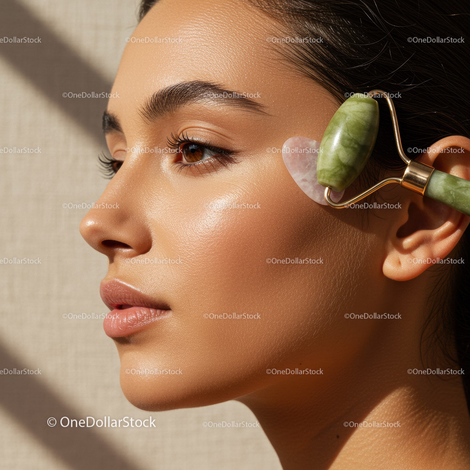 Close-Up of Woman Receiving Facial Massage with Jade Roller