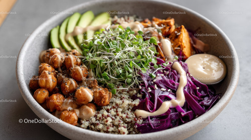 Colorful Plant-Based Bowl with Chickpeas Quinoa and Veggies