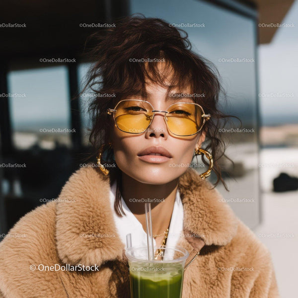 Fashionable Woman Wearing Yellow Sunglasses and Beige Coat Outdoors