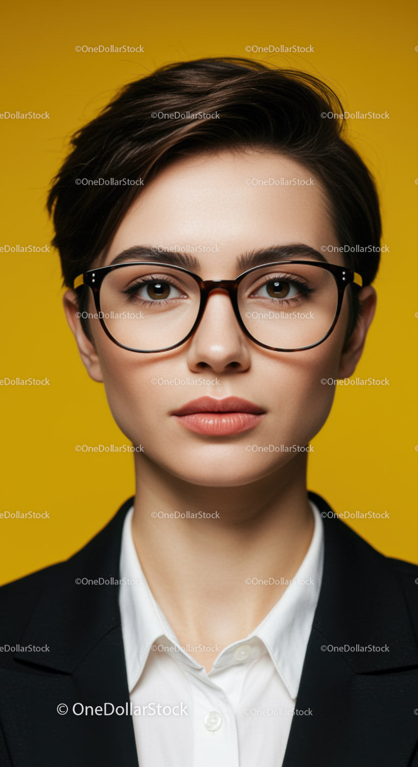 Portret pewnej siebie kobiety w okularach w stylowym stroju biznesowym