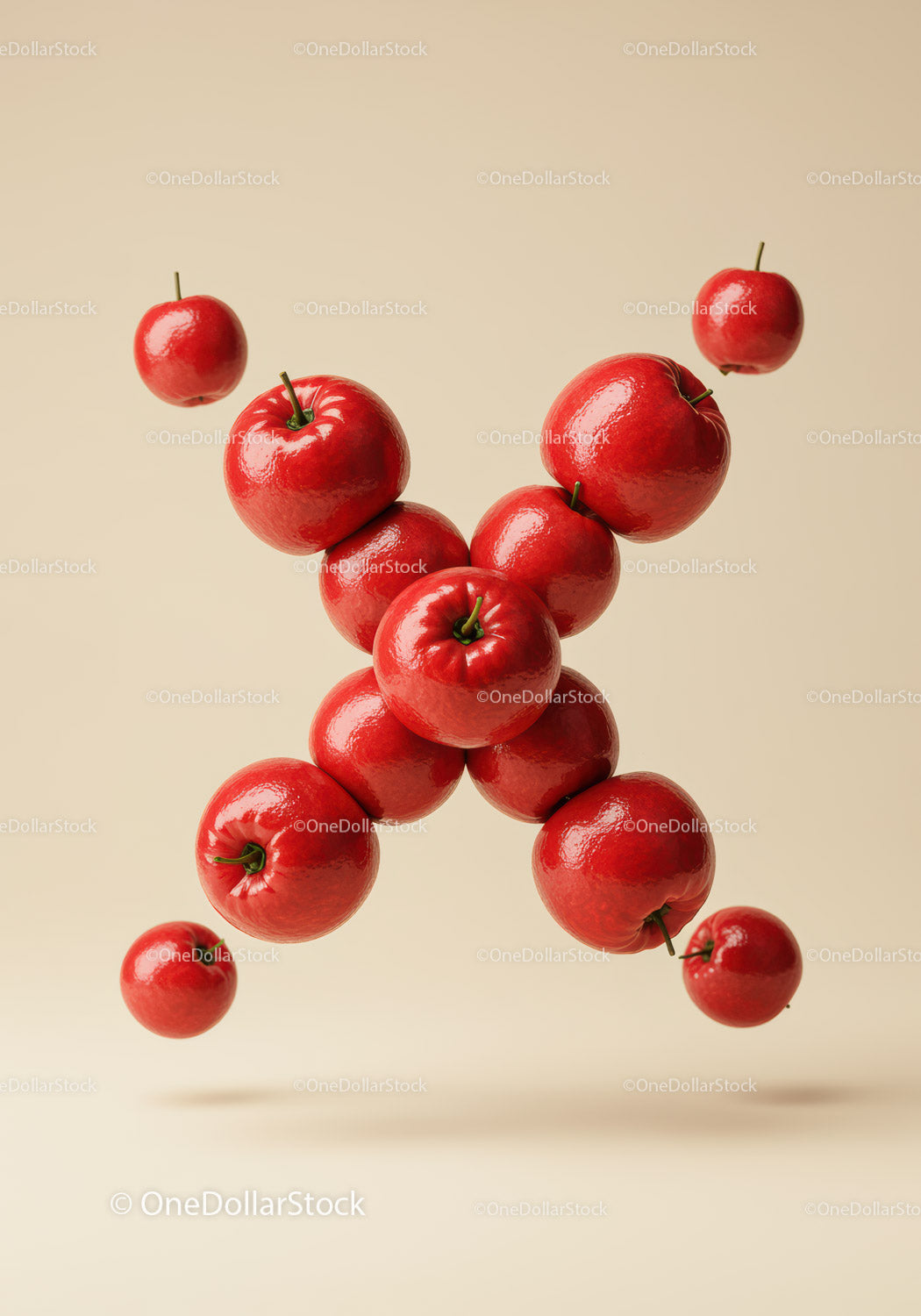 Floating Red Apples Forming Letter X on Beige Background