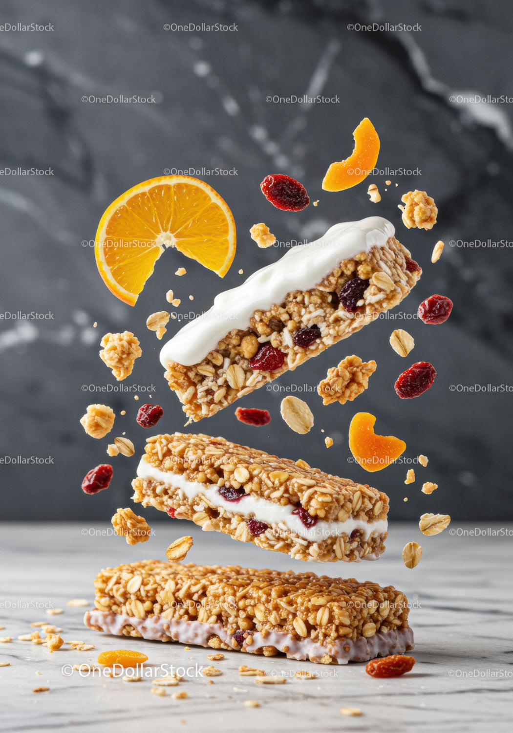 Healthy granola bars with yogurt and dried fruits