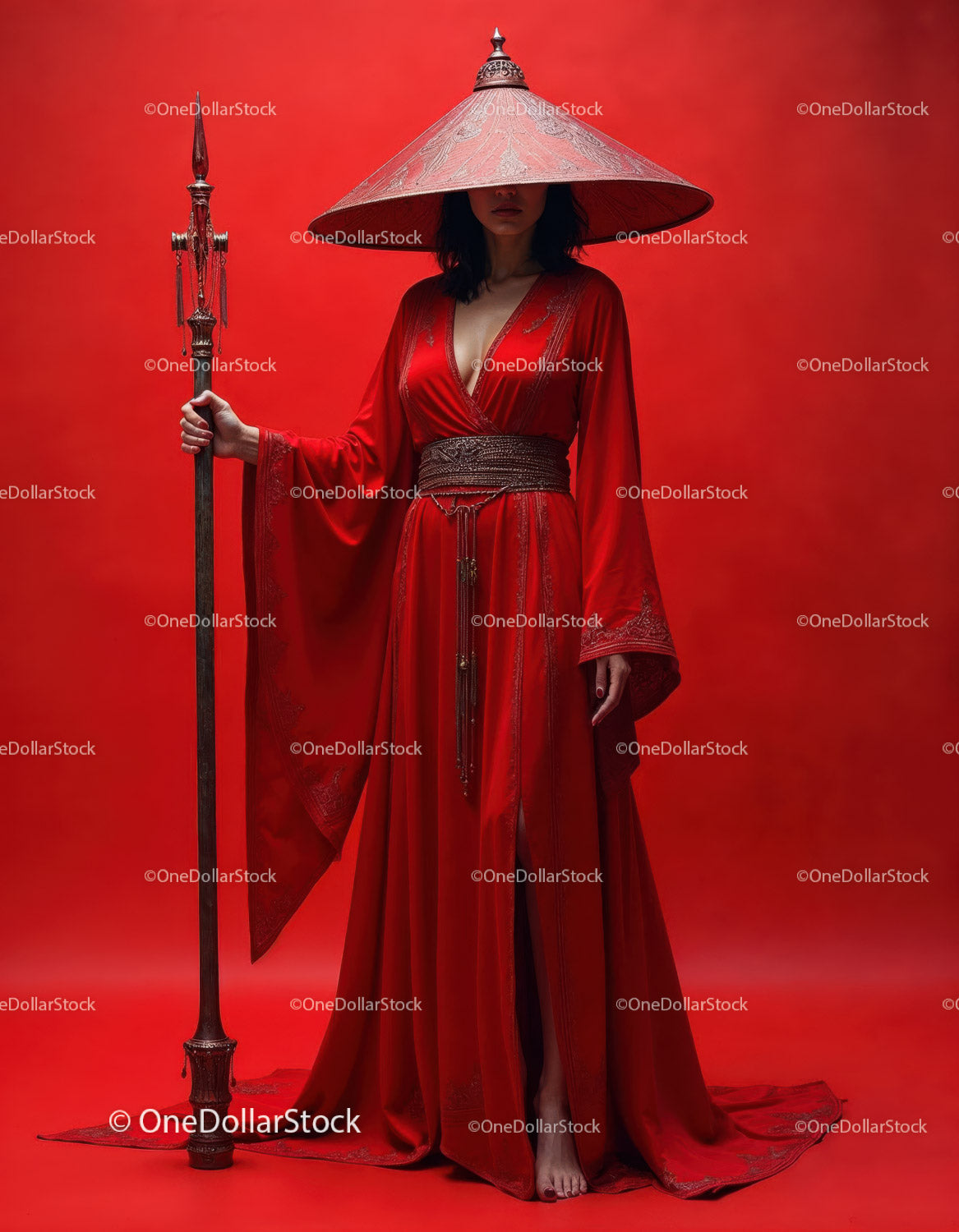Elegant Woman in Red Dress with Accessories Against Red Background