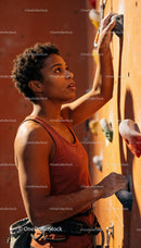 Focused woman climbing indoor rock wall training