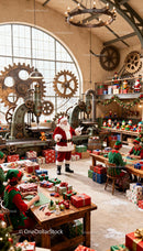 Santa Claus and elves wrapping gifts in festive workshop