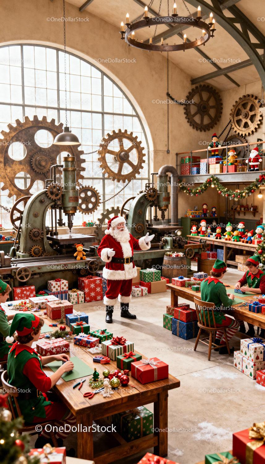 Santa Claus and elves wrapping gifts in festive workshop