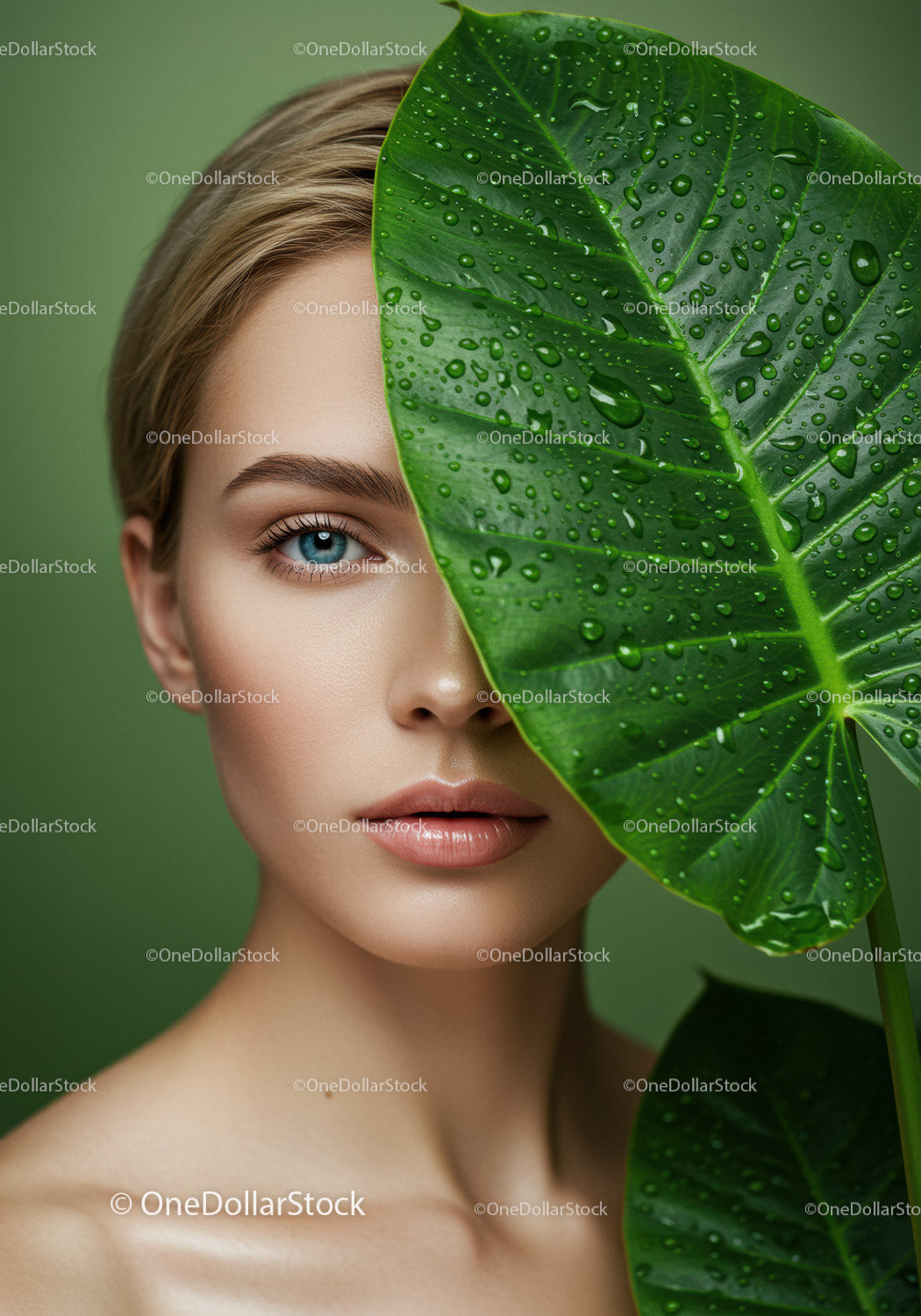 Close-Up Portrait of a Woman with Tropical Green Leaf and Water Droplets