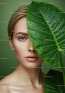 Close-Up Portrait of a Woman with Tropical Green Leaf and Water Droplets