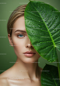 Close-Up Portrait of a Woman with Tropical Green Leaf and Water Droplets