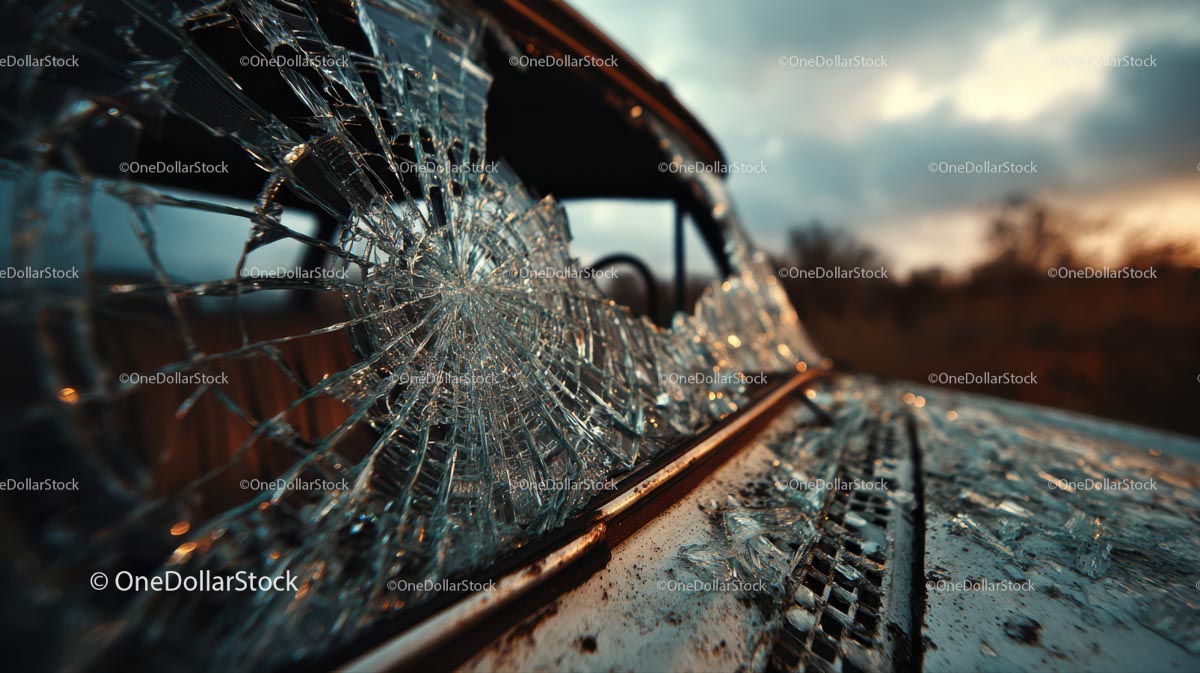 Abandoned Vintage Car with Broken Glass at Sunset