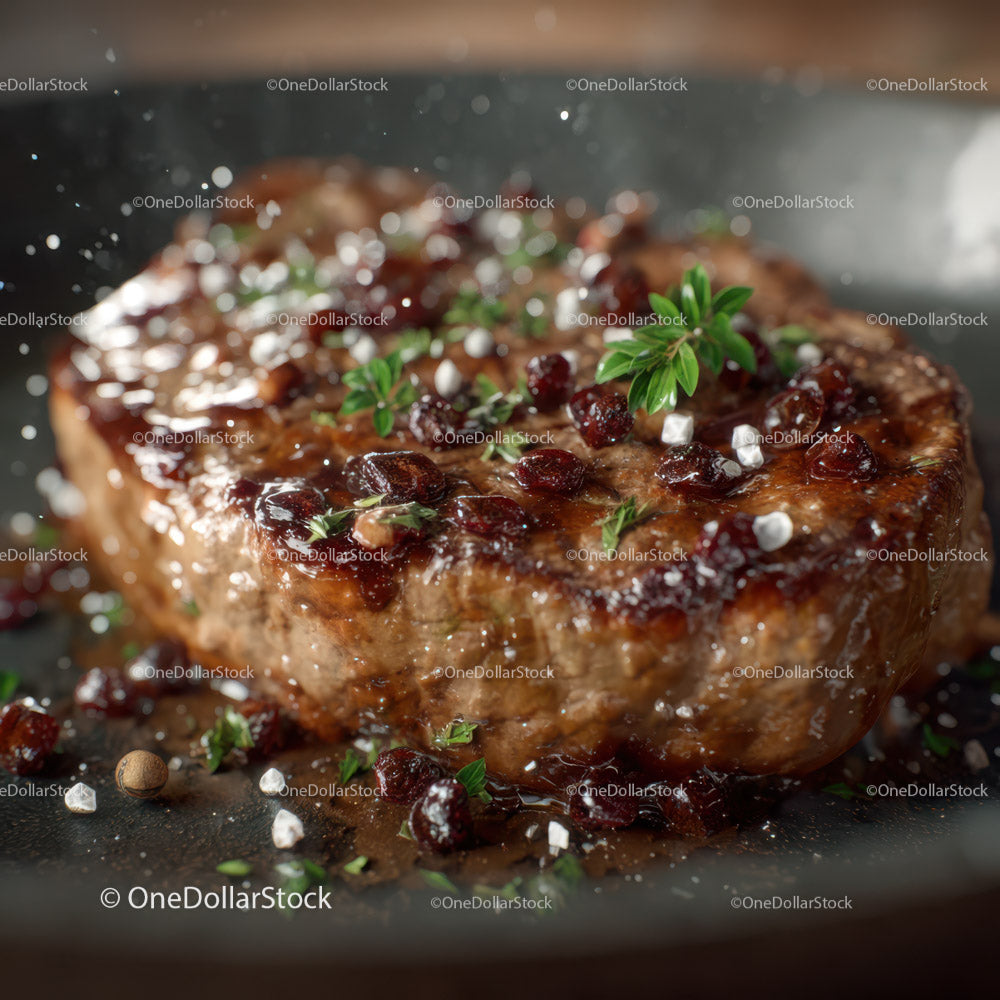 Juicy Beef Steak with Red Berries and Fresh Herbs on Black Plate