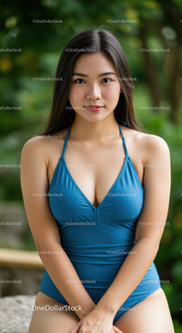 Young Asian Woman in Blue Swimsuit in Green Garden Landscape